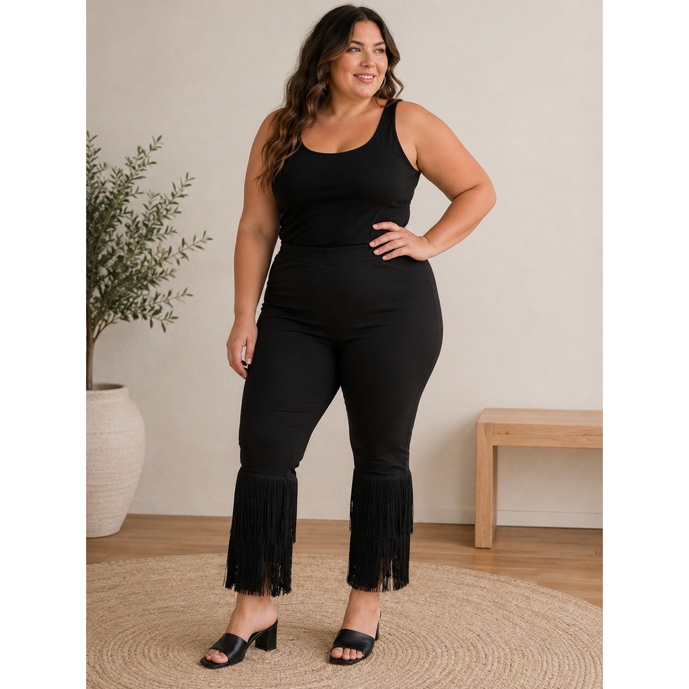 K. Jordan Womens Black Fringe Hem Leggings Plus Size 2X High Waist Stretch Pants